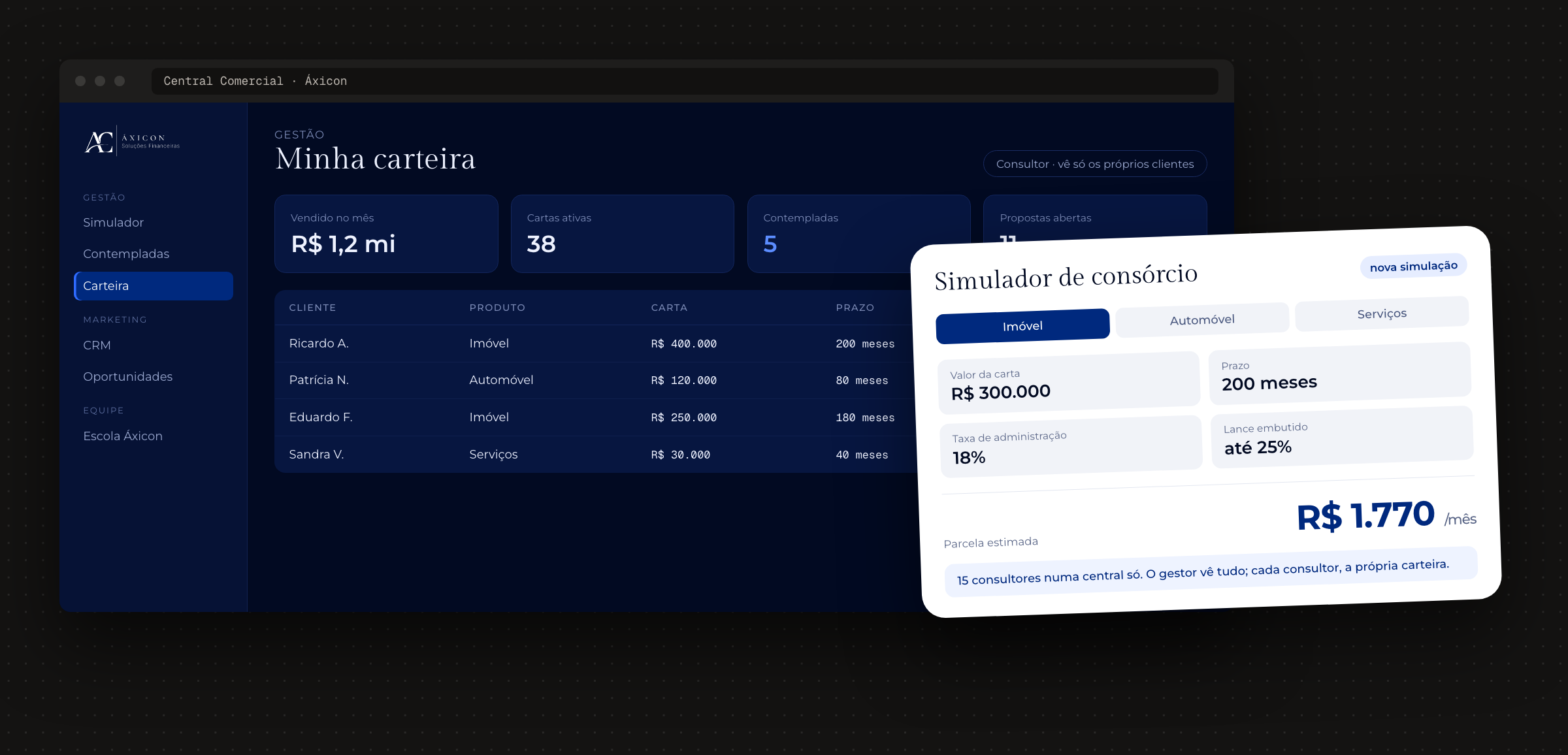 Central Comercial da Áxicon: carteira do consultor e simulador de consórcio