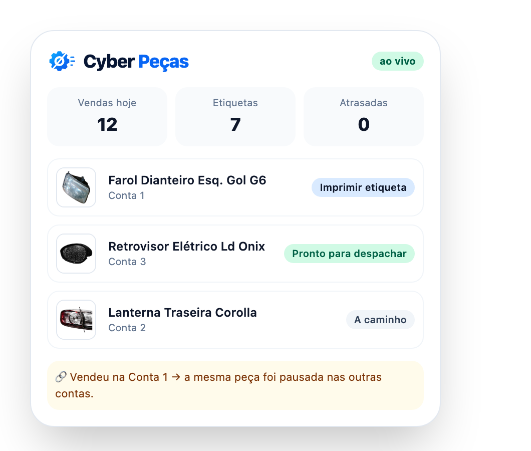 Painel do Cyber Peças com o stock e os anúncios